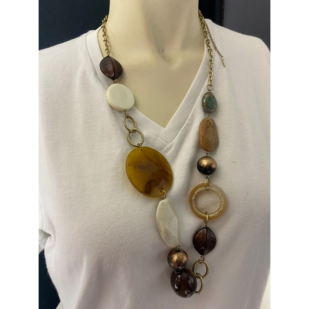 Bohemian Beaded Statement‎ Necklace Chunky Resin Stone Gold Tone